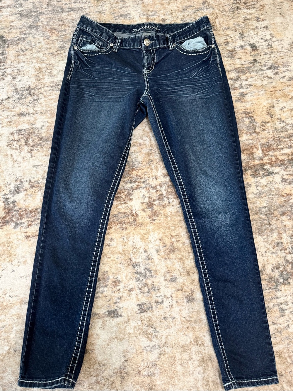 Maurices M Jeans Embellished Thick Stitch Dark Indigo Skinny Western McBlingJean